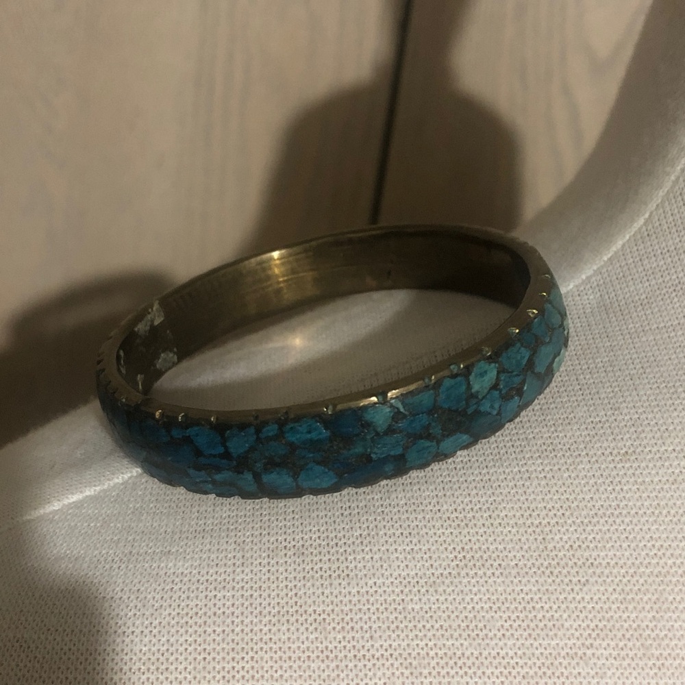 East Indian Solid Brass Cuff Bangle w/ Authentic Turquoise Inlay Vintage